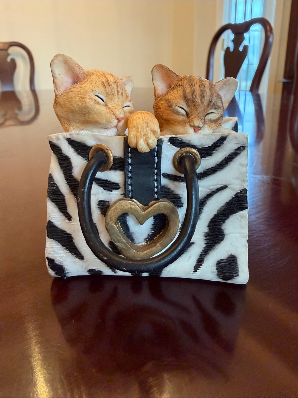 Cat Figurine in Zebra Print Handbag Heart Charm Decor